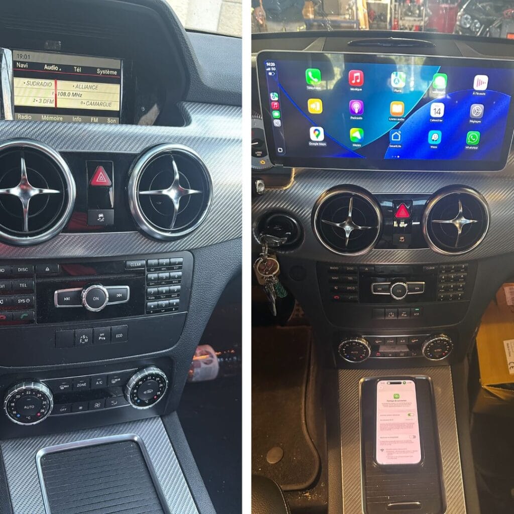 Écran CarPlay Android haute résolution pour Mercedes GLK. Accès instantané à Apple CarPlay, Android Auto, GPS, musique et appels. Installation complète réalisée par Requinq’Auto.