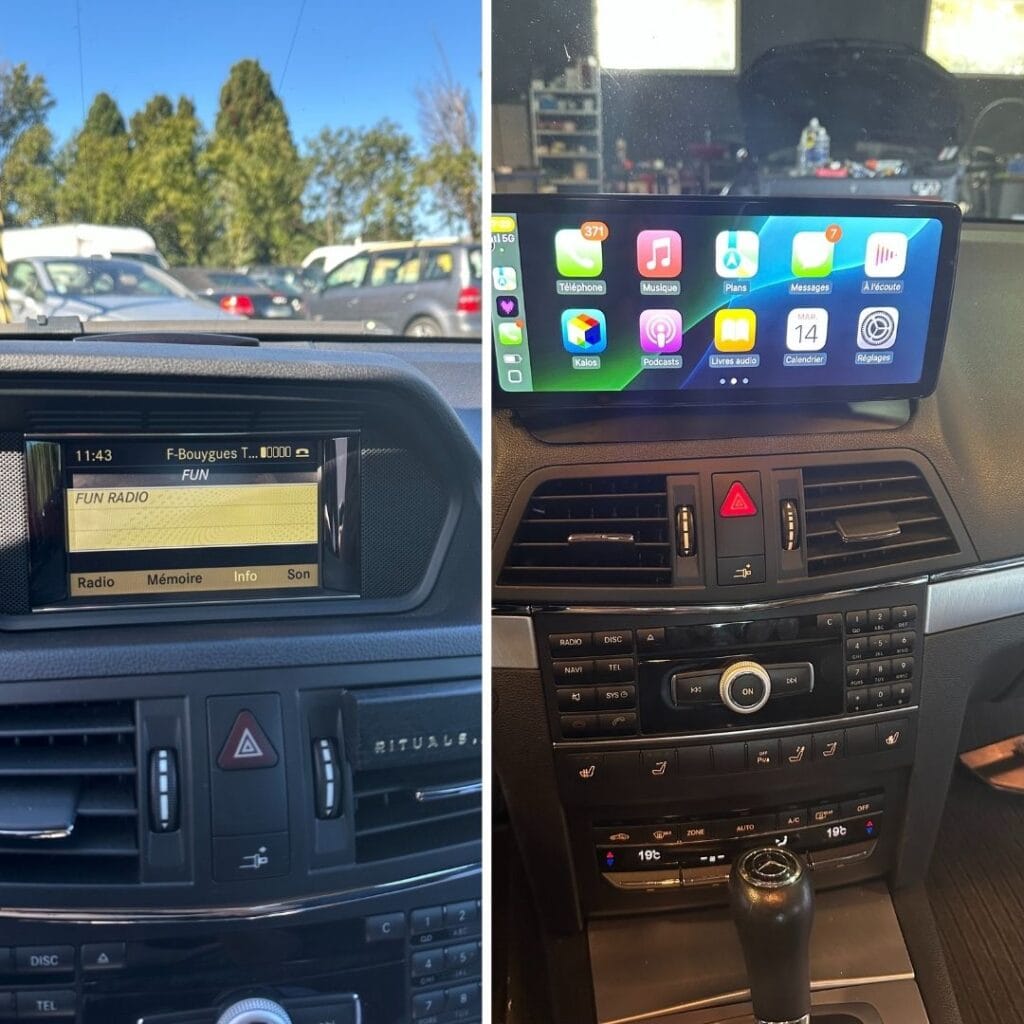 Remplacement du système d’origine par un grand écran CarPlay. Interface moderne avec navigation GPS, musique, appels et messages. Intégration parfaite réalisée par Requinq’Auto.