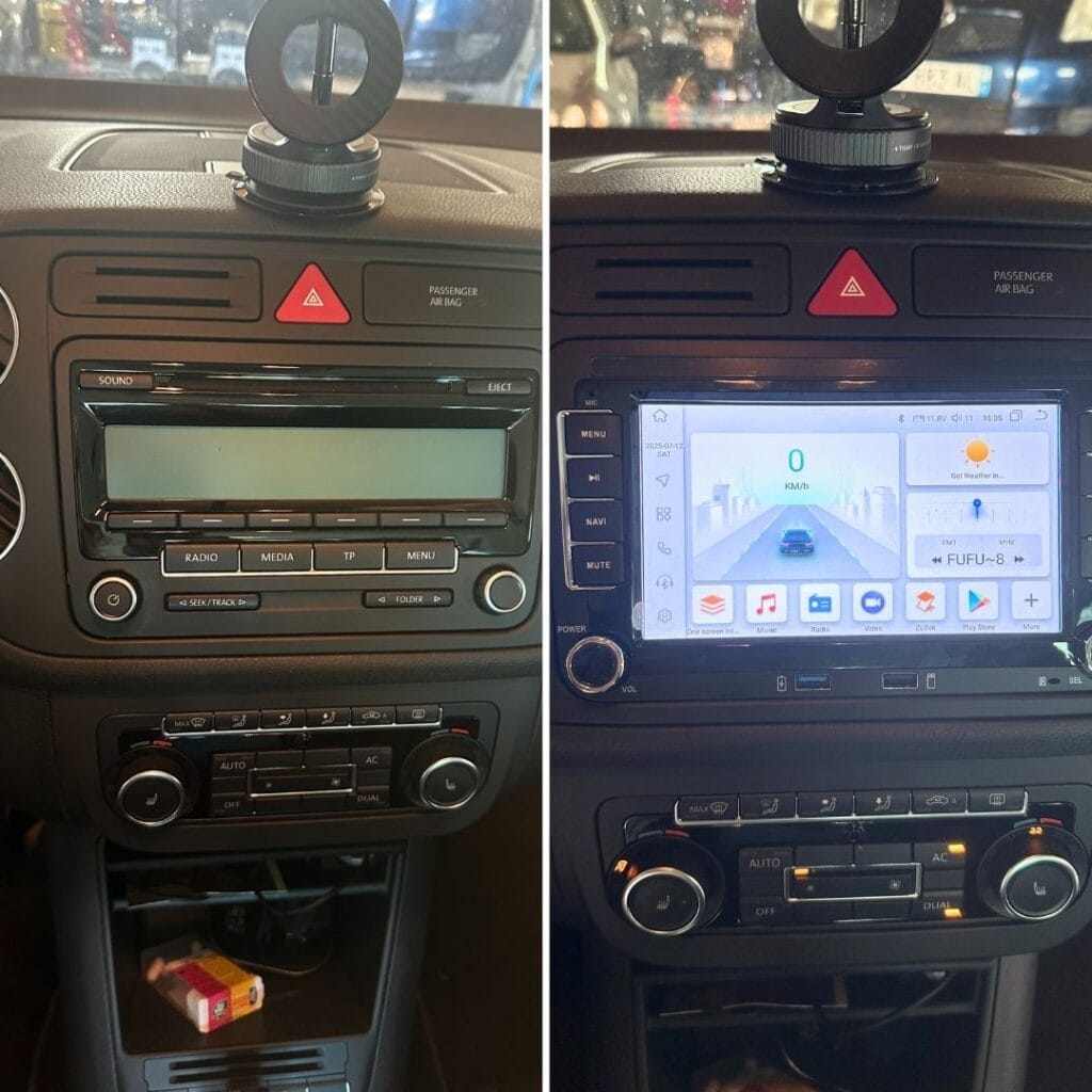 Passage du poste d’origine à un autoradio Android CarPlay complet. Navigation GPS, Bluetooth, YouTube et applications intégrées. Finition OEM garantie par Requinq’Auto.